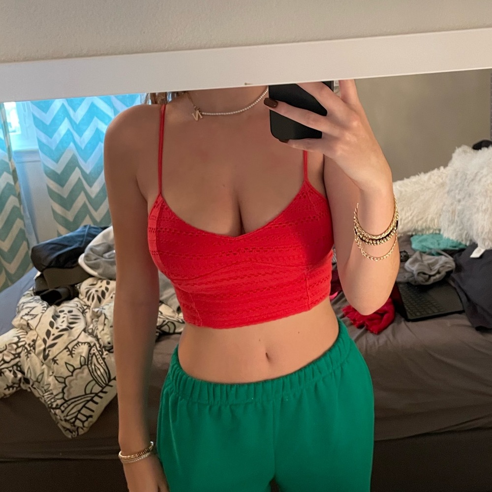 Red-ish spaghetti strap crop top